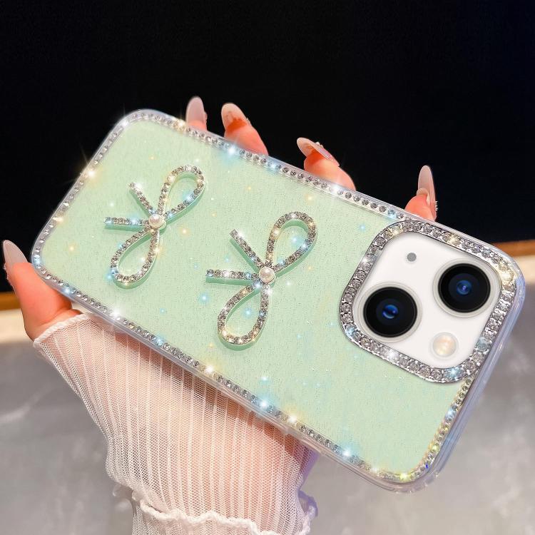 For iPhone 15 Diamond Glitter Dual Bow-knot Shockproof Phone Case