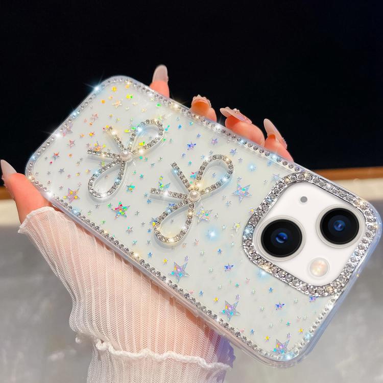 For iPhone 14 Diamond Glitter Dual Bow-knot Shockproof Phone Case