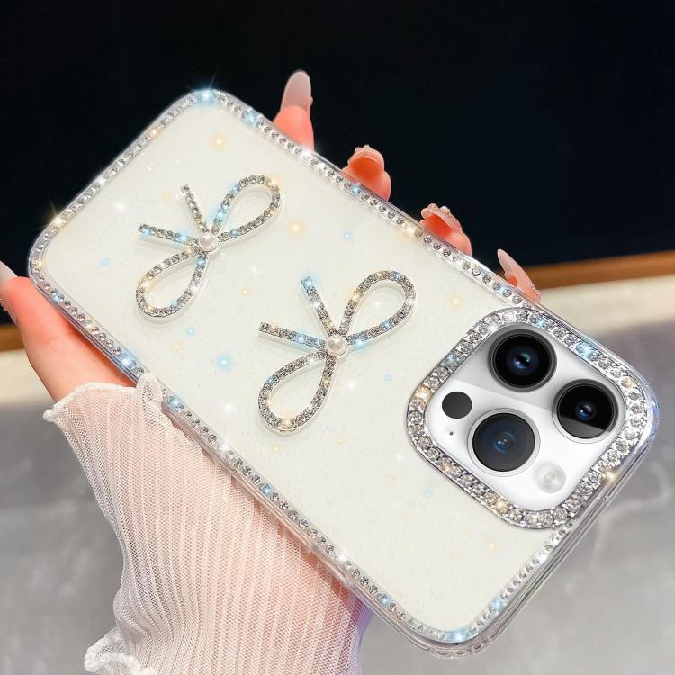 For iPhone 14 Pro Diamond Glitter Dual Bow-knot Shockproof Phone Case