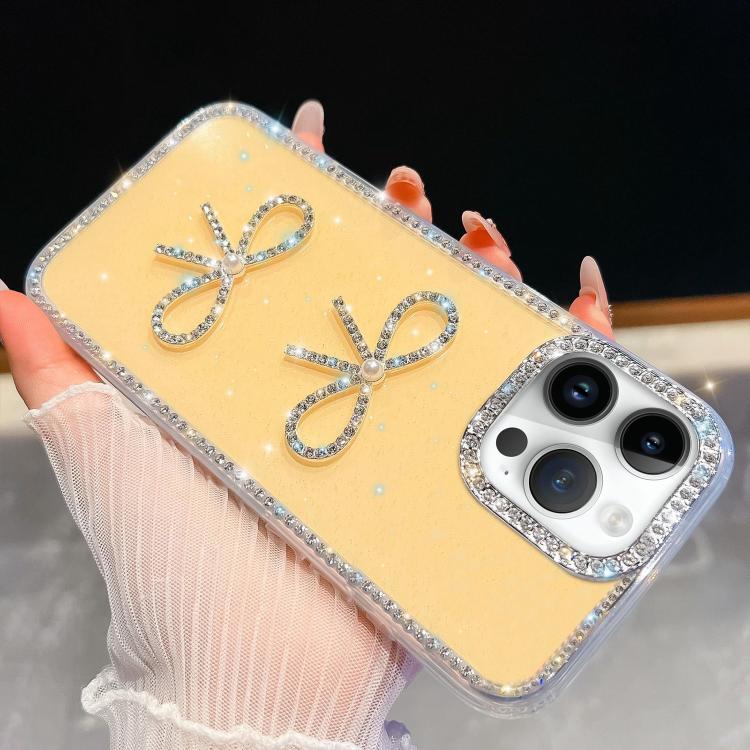 For iPhone 14 Pro Max Diamond Glitter Dual Bow-knot Shockproof Phone Case