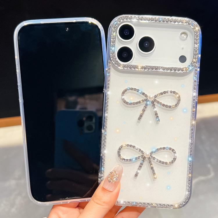 For iPhone 16 Plus Diamond Glitter Dual Bow-knot Shockproof Phone Case