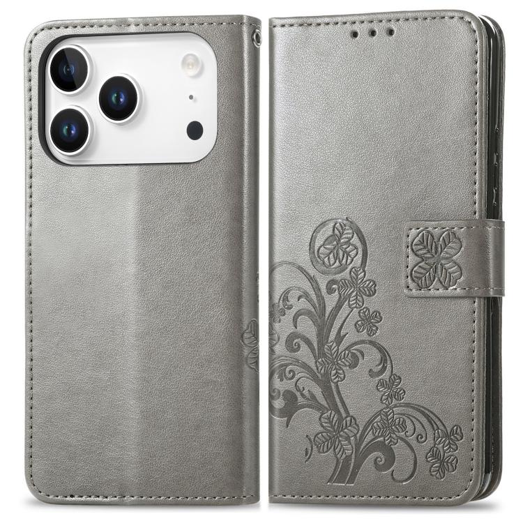 For iPhone 17 Pro Four-leaf Clasp Embossed Buckle Leather Phone Case