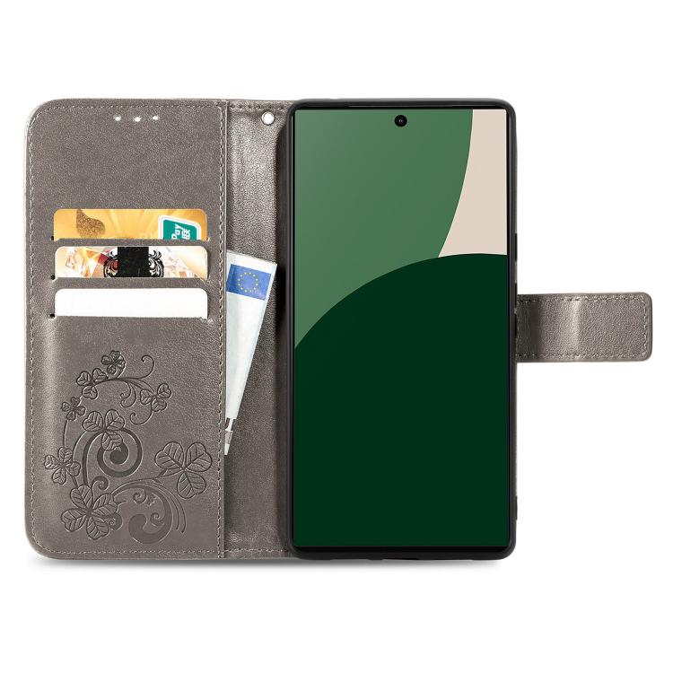 For iPhone 17 Pro Four-leaf Clasp Embossed Buckle Leather Phone Case