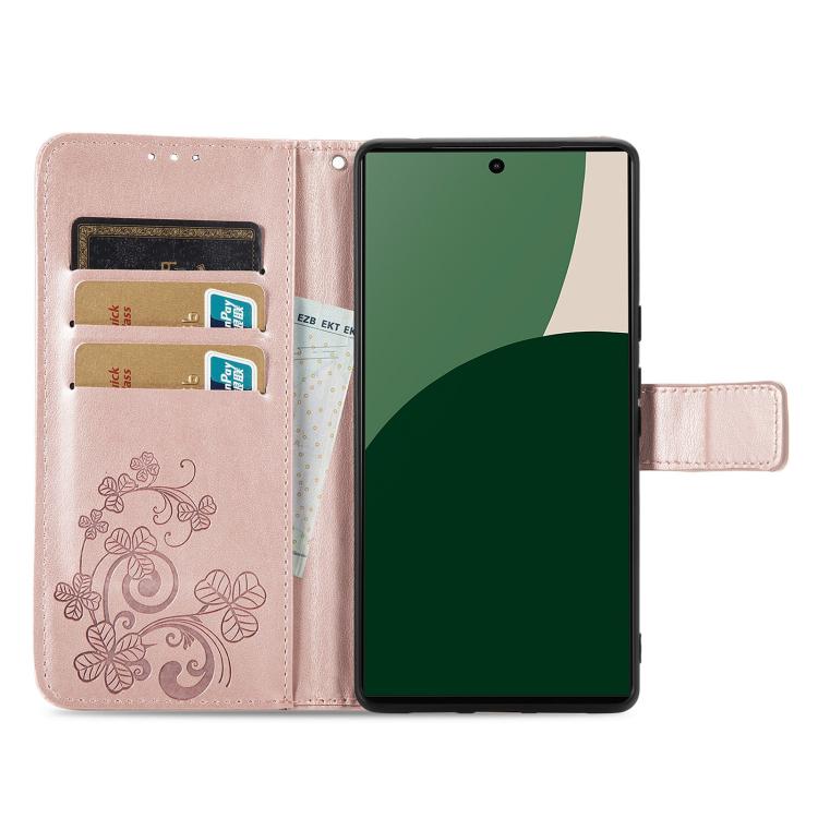 For iPhone 17 Pro Four-leaf Clasp Embossed Buckle Leather Phone Case