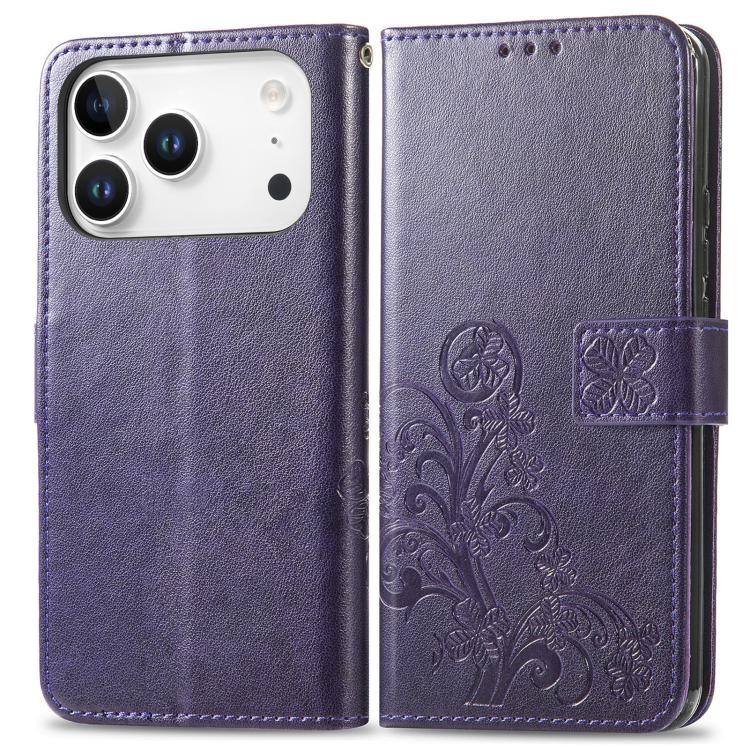 For iPhone 17 Pro Four-leaf Clasp Embossed Buckle Leather Phone Case