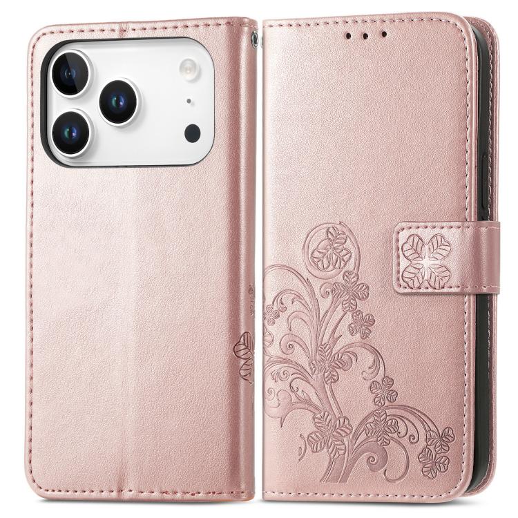 For iPhone 17 Pro Max Four-leaf Clasp Embossed Buckle Leather Phone Case