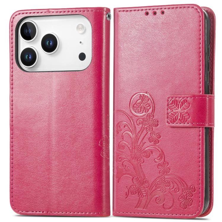 For iPhone 17 Pro Max Four-leaf Clasp Embossed Buckle Leather Phone Case