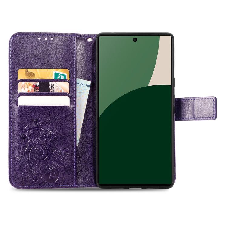 For iPhone 17 Pro Max Four-leaf Clasp Embossed Buckle Leather Phone Case