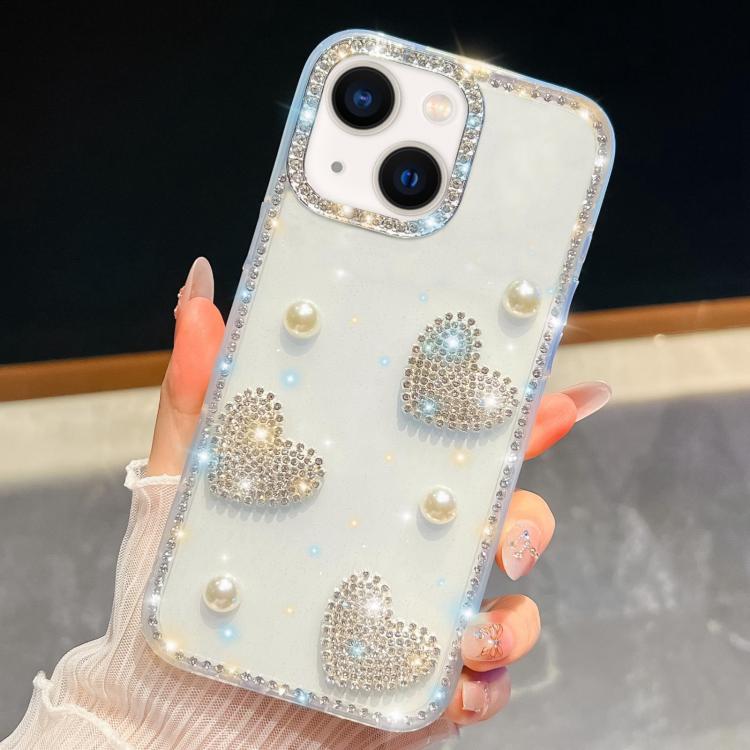 For iPhone 15 Diamond Glitter Pearl Heart Four-Corner Shockproof Phone Case