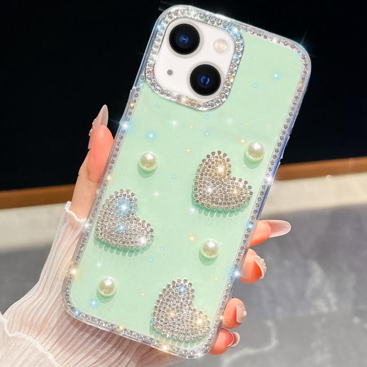 For iPhone 14 Diamond Glitter Pearl Heart Four-Corner Shockproof Phone Case