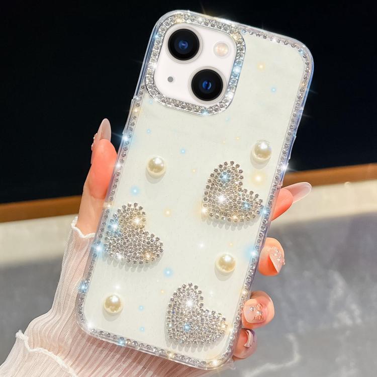 For iPhone 14 Diamond Glitter Pearl Heart Four-Corner Shockproof Phone Case