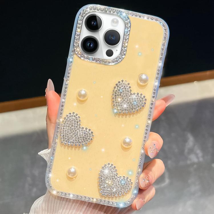 For iPhone 14 Pro Max Diamond Glitter Pearl Heart Four-Corner Shockproof Phone Case