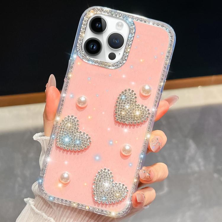 For iPhone 13 Pro Diamond Glitter Pearl Heart Four-Corner Shockproof Phone Case