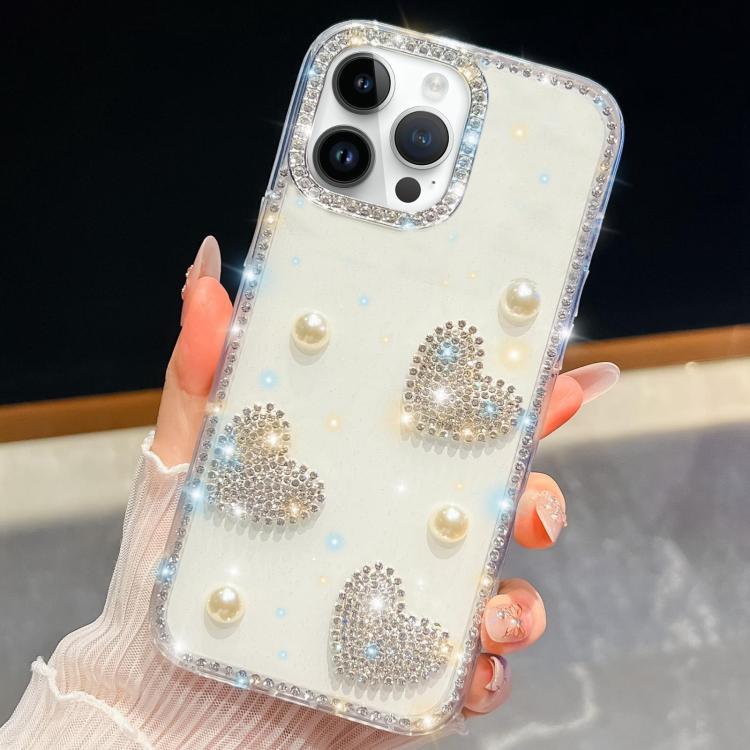For iPhone 13 Pro Diamond Glitter Pearl Heart Four-Corner Shockproof Phone Case