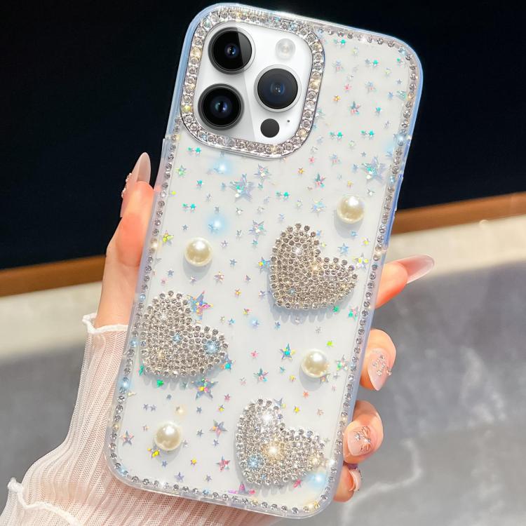 For iPhone 13 Pro Diamond Glitter Pearl Heart Four-Corner Shockproof Phone Case