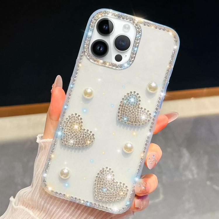 For iPhone 13 Pro Diamond Glitter Pearl Heart Four-Corner Shockproof Phone Case