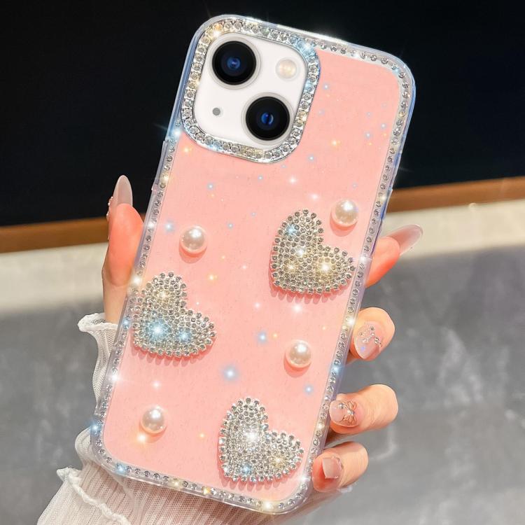 For iPhone 13 Diamond Glitter Pearl Heart Four-Corner Shockproof Phone Case