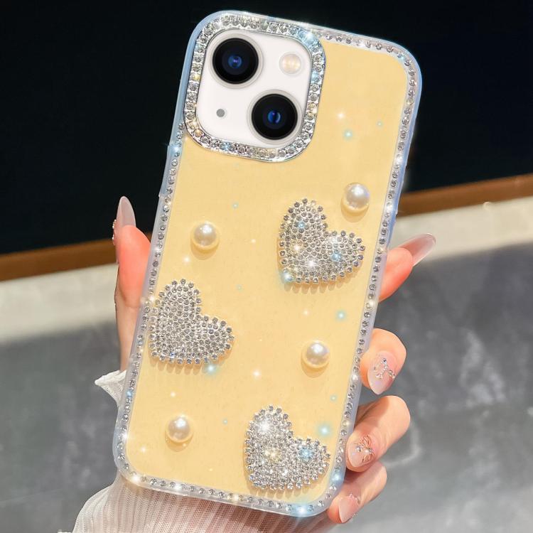 For iPhone 13 Diamond Glitter Pearl Heart Four-Corner Shockproof Phone Case