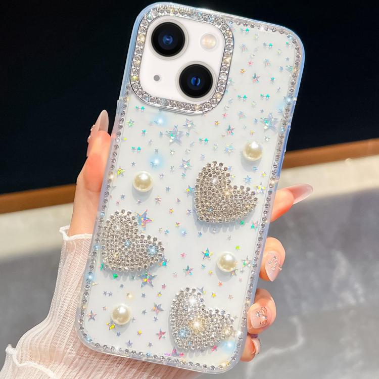 For iPhone 13 Diamond Glitter Pearl Heart Four-Corner Shockproof Phone Case
