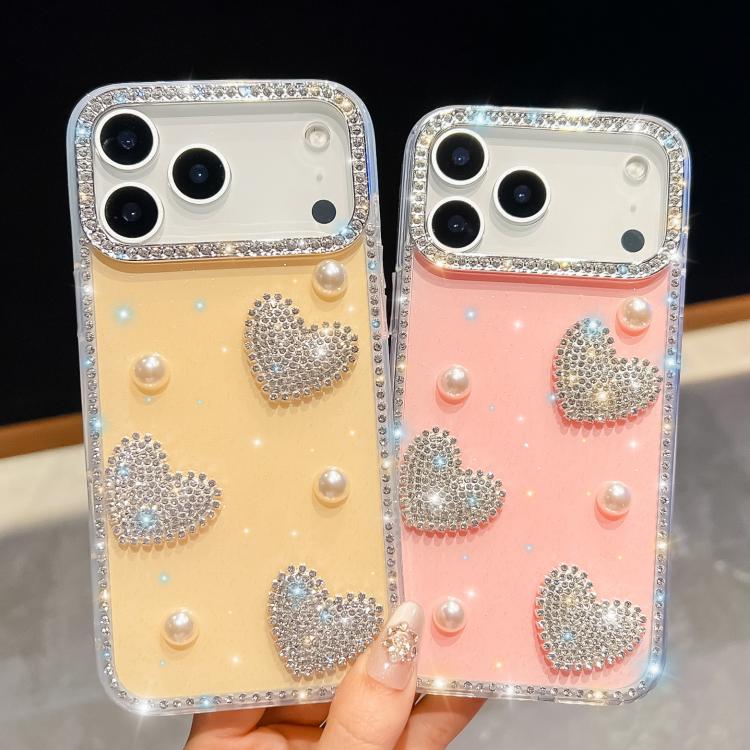 For iPhone 13 Diamond Glitter Pearl Heart Four-Corner Shockproof Phone Case
