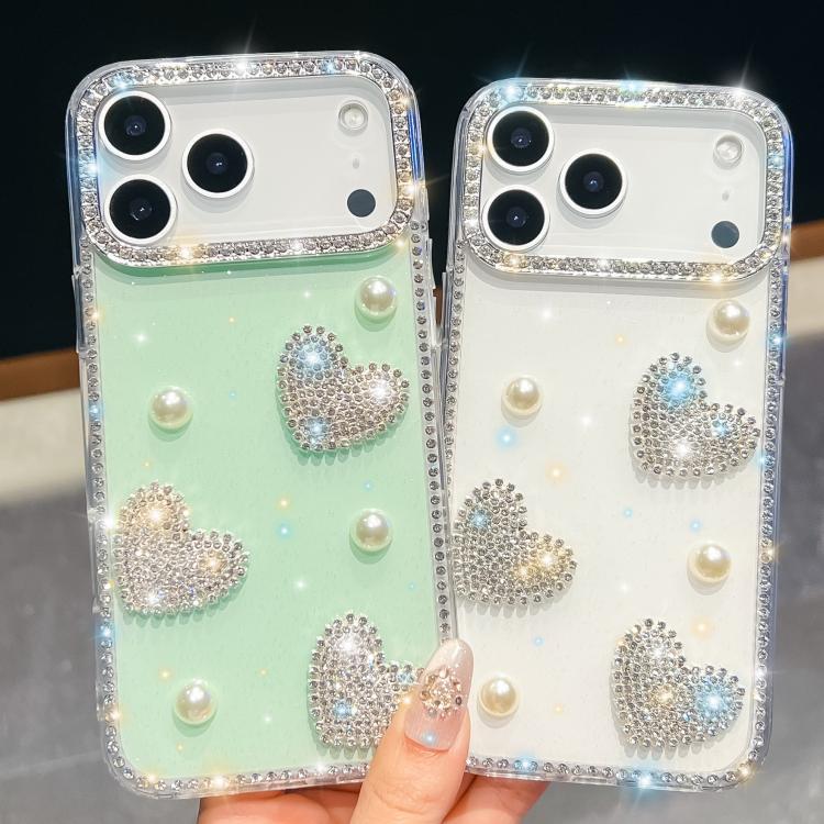 For iPhone 13 Diamond Glitter Pearl Heart Four-Corner Shockproof Phone Case