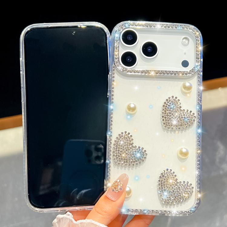 For iPhone 13 Diamond Glitter Pearl Heart Four-Corner Shockproof Phone Case