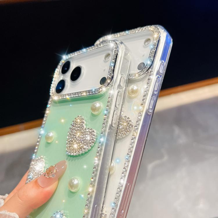 For iPhone 13 Diamond Glitter Pearl Heart Four-Corner Shockproof Phone Case