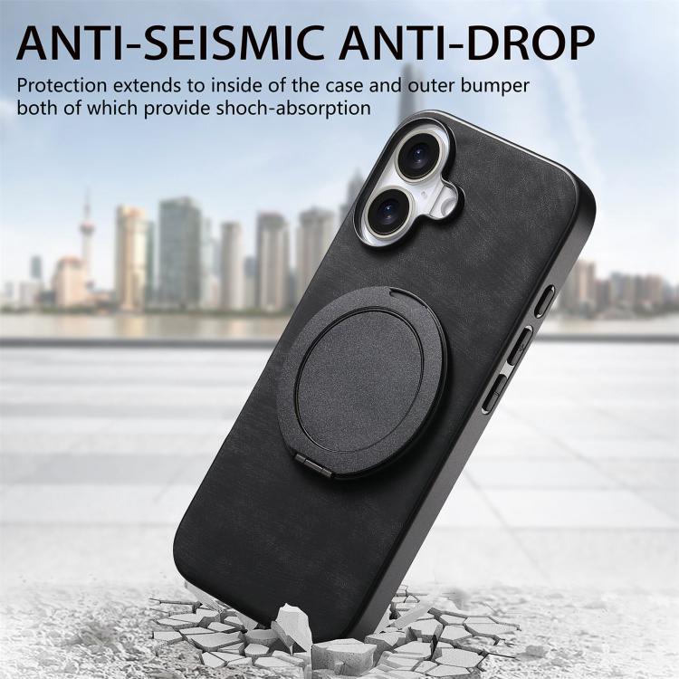 For iPhone 17 Retro Leather Rotation Round Holder Phone Case