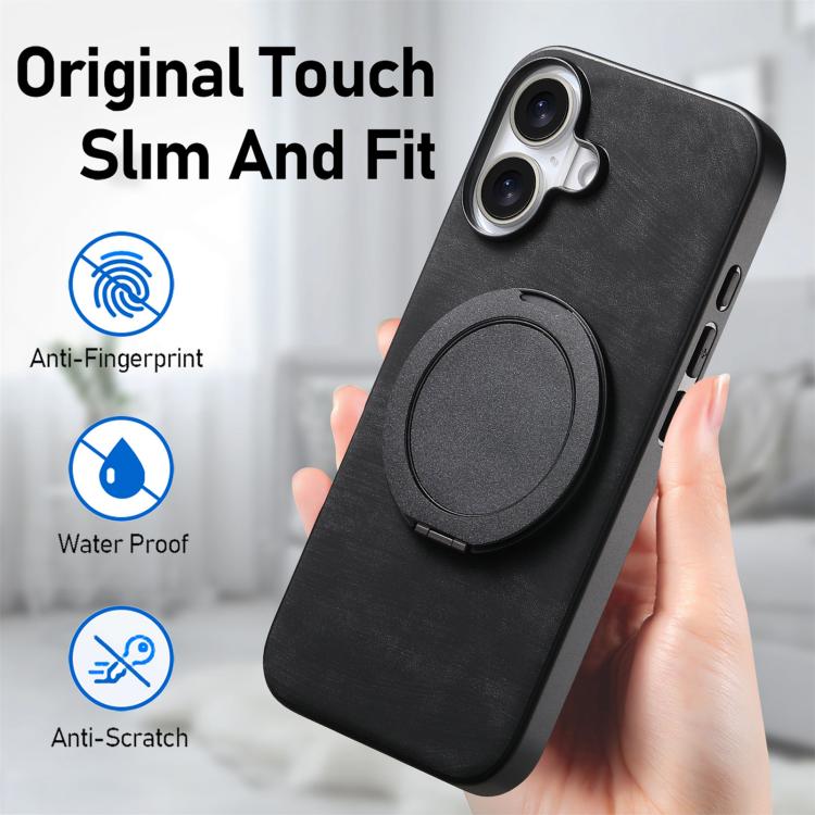 For iPhone 17 Retro Leather Rotation Round Holder Phone Case