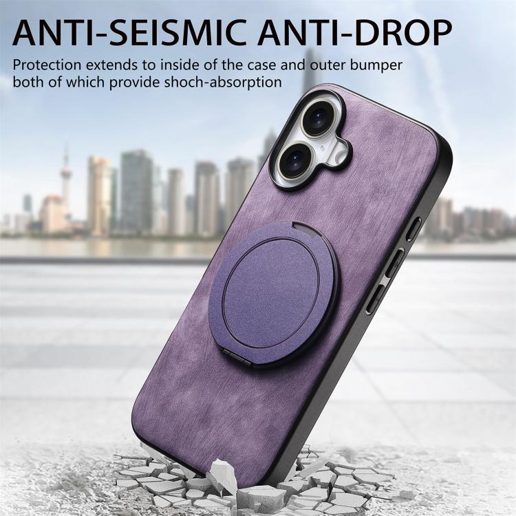 For iPhone 17 Retro Leather Rotation Round Holder Phone Case