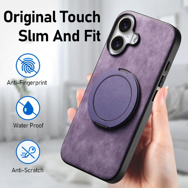 For iPhone 17 Retro Leather Rotation Round Holder Phone Case