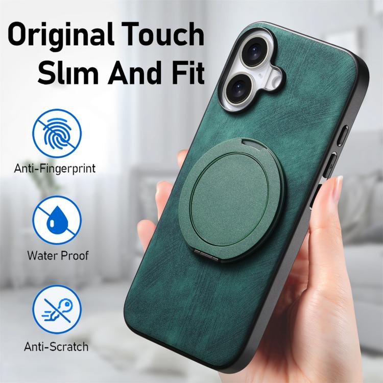 For iPhone 17 Retro Leather Rotation Round Holder Phone Case