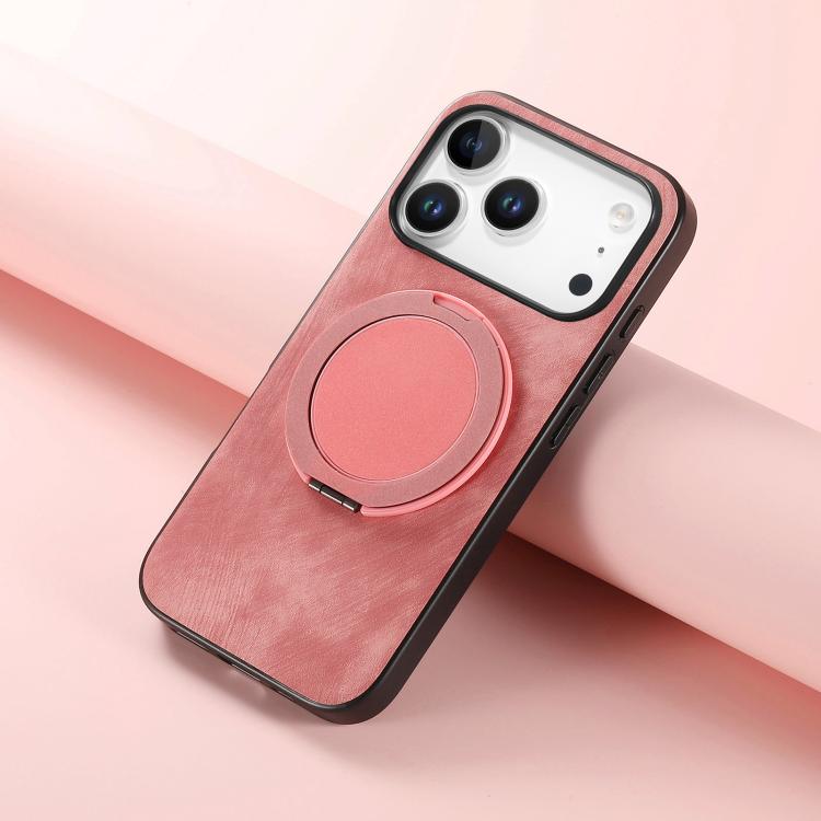 For iPhone 17 Pro Retro Leather Rotation Round Holder Phone Case