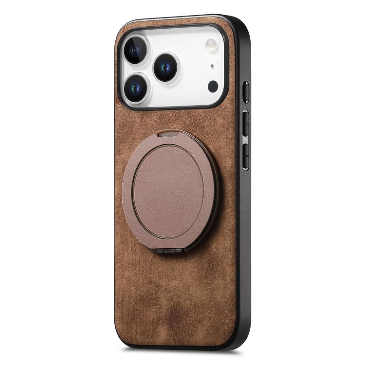 For iPhone 17 Pro Retro Leather Rotation Round Holder Phone Case