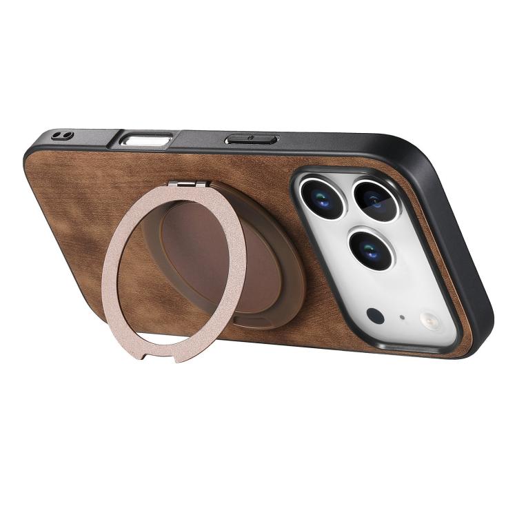 For iPhone 17 Pro Retro Leather Rotation Round Holder Phone Case