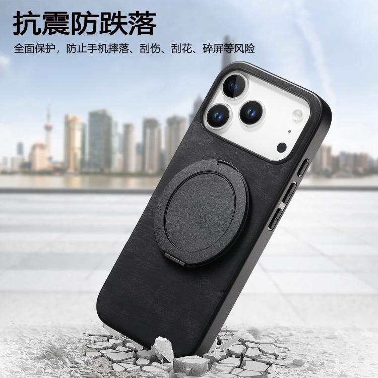 For iPhone 17 Pro Retro Leather Rotation Round Holder Phone Case