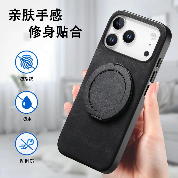 For iPhone 17 Pro Retro Leather Rotation Round Holder Phone Case