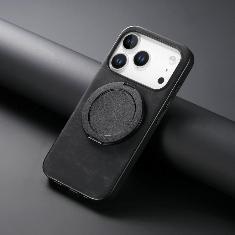 For iPhone 17 Pro Retro Leather Rotation Round Holder Phone Case