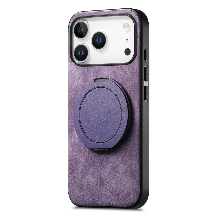 For iPhone 17 Pro Retro Leather Rotation Round Holder Phone Case