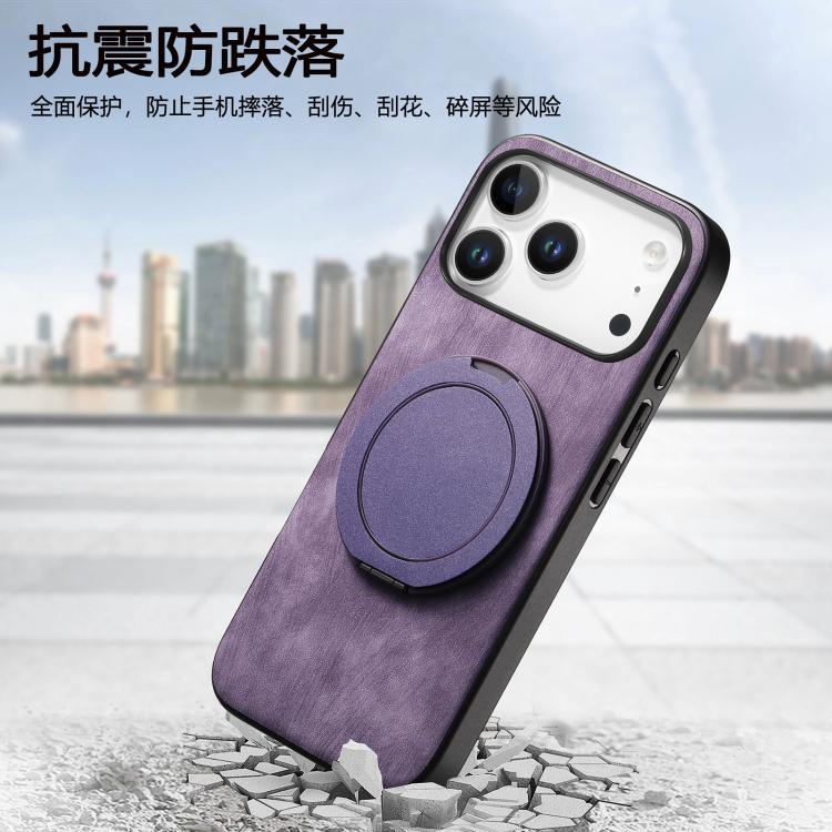For iPhone 17 Pro Retro Leather Rotation Round Holder Phone Case