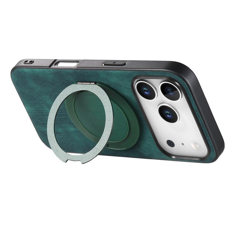 For iPhone 17 Pro Retro Leather Rotation Round Holder Phone Case