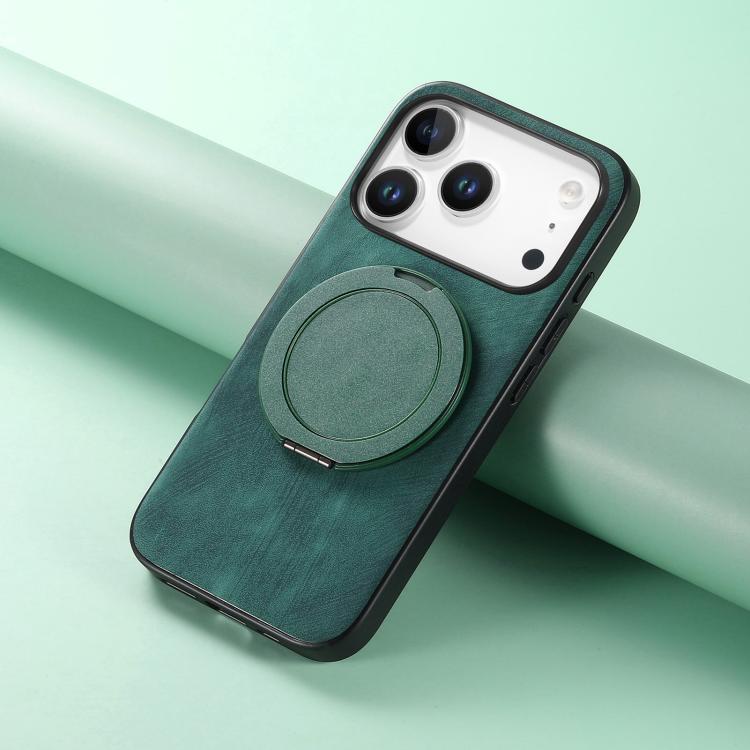 For iPhone 17 Pro Retro Leather Rotation Round Holder Phone Case