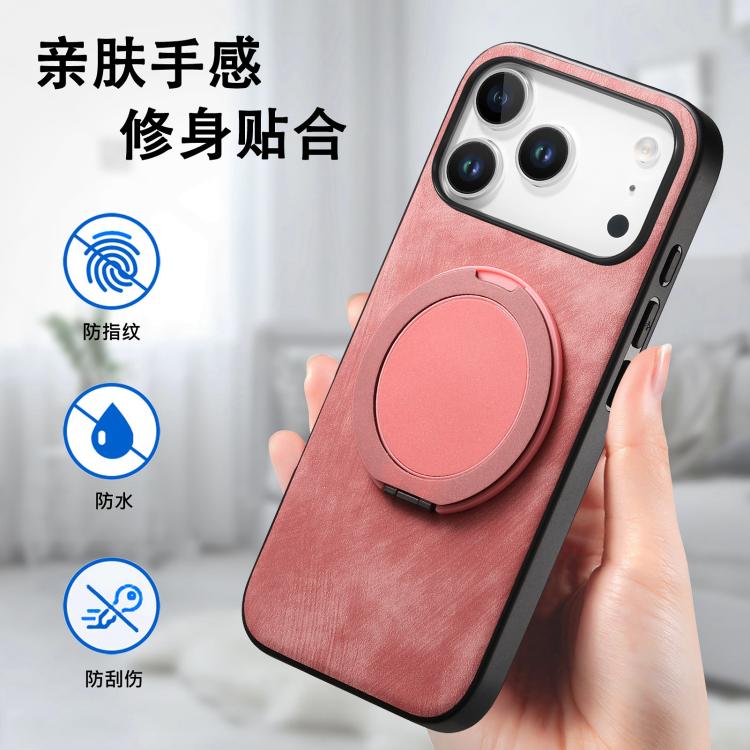 For iPhone 17 Pro Max Retro Leather Rotation Round Holder Phone Case