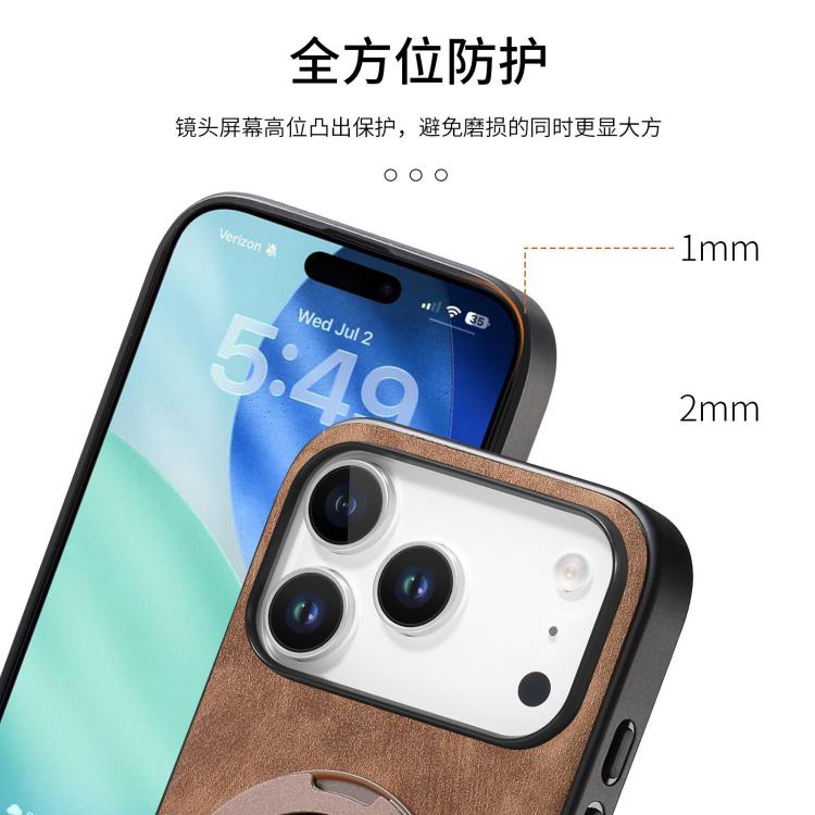 For iPhone 17 Pro Max Retro Leather Rotation Round Holder Phone Case