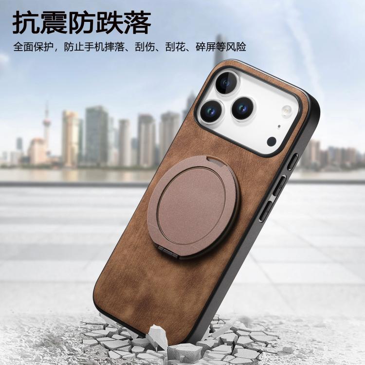 For iPhone 17 Pro Max Retro Leather Rotation Round Holder Phone Case
