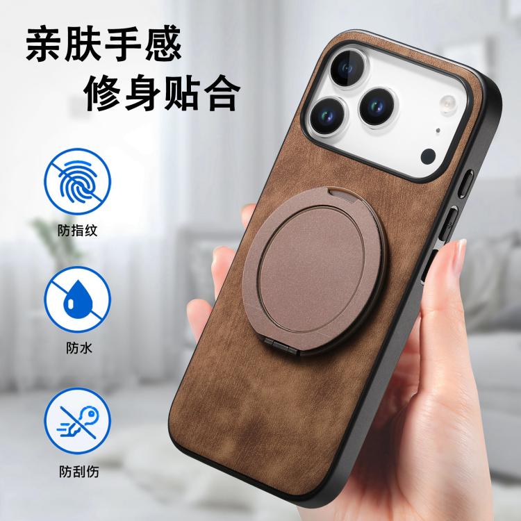 For iPhone 17 Pro Max Retro Leather Rotation Round Holder Phone Case