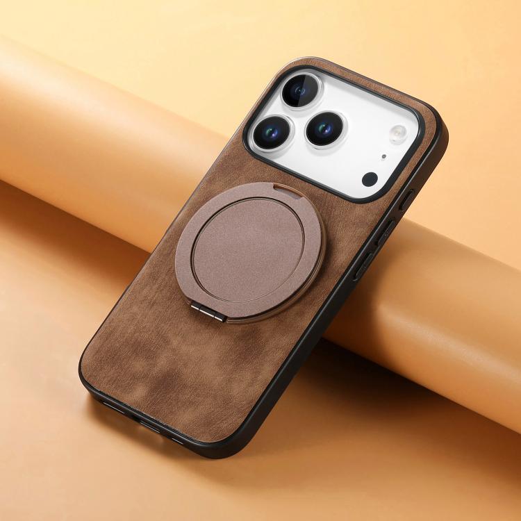 For iPhone 17 Pro Max Retro Leather Rotation Round Holder Phone Case