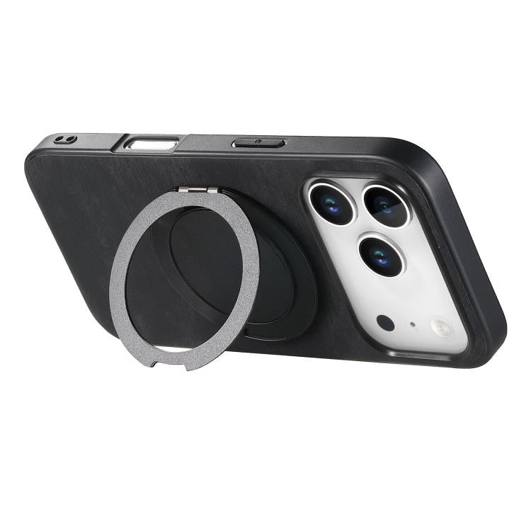 For iPhone 17 Pro Max Retro Leather Rotation Round Holder Phone Case