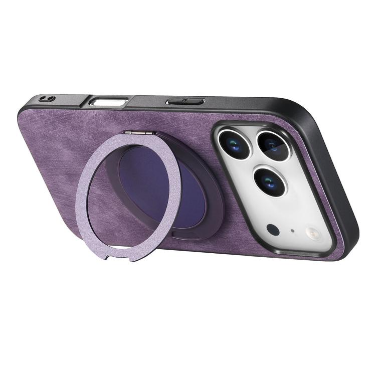 For iPhone 17 Pro Max Retro Leather Rotation Round Holder Phone Case