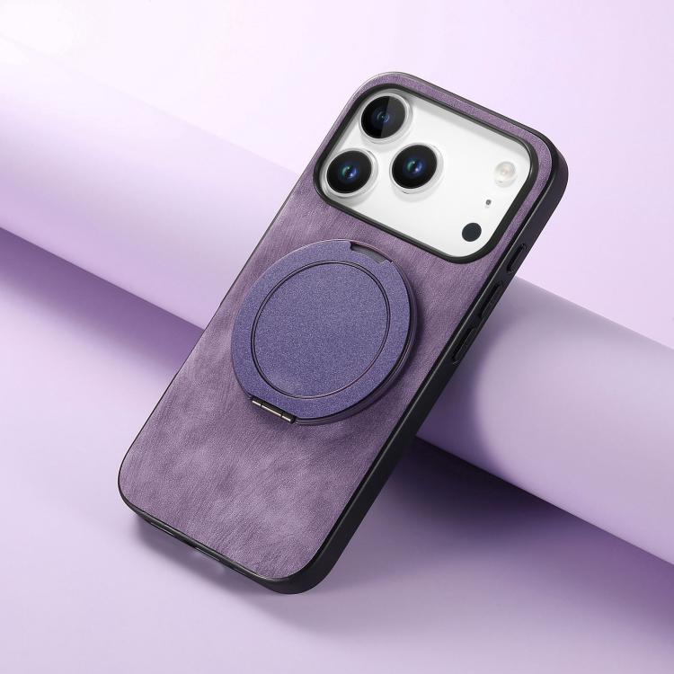For iPhone 17 Pro Max Retro Leather Rotation Round Holder Phone Case